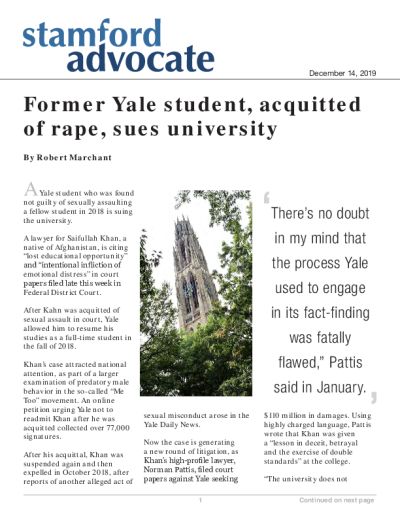 Former Yale student, acquitted of rape, sues university
