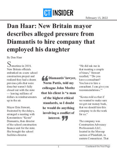 New Britain mayor describes alleged pressure from Diamantis to hire company that employed his daughter