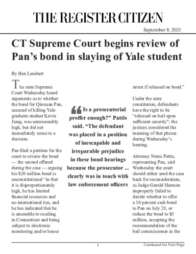 CT Supreme Court begins review of Pan's bond in slaying of Yale student